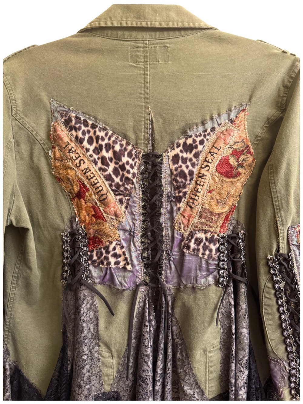 Hand Crafted Olive Green Patchwork Military Jacket with Lace Panels - Picture 3 of 10